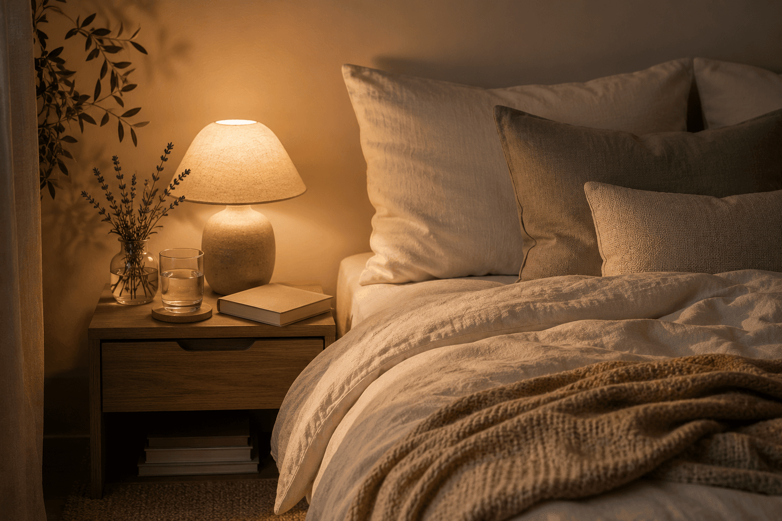 A calm neutral bedroom with soft bedding and morning light.