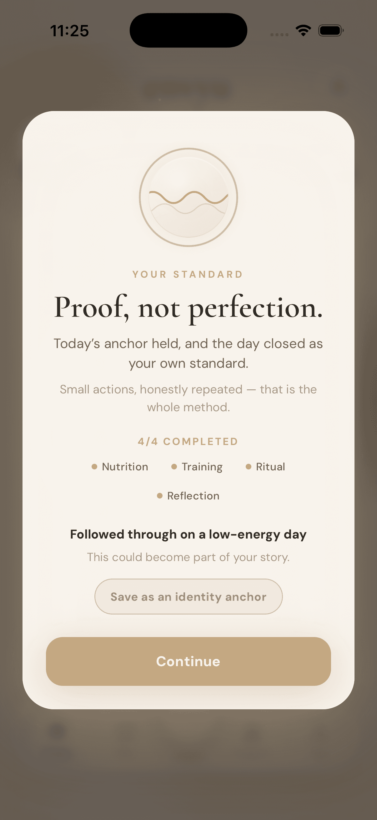 Envyu's day-close screen celebrating completed actions: a calm summary that the day held to the user's own standard.