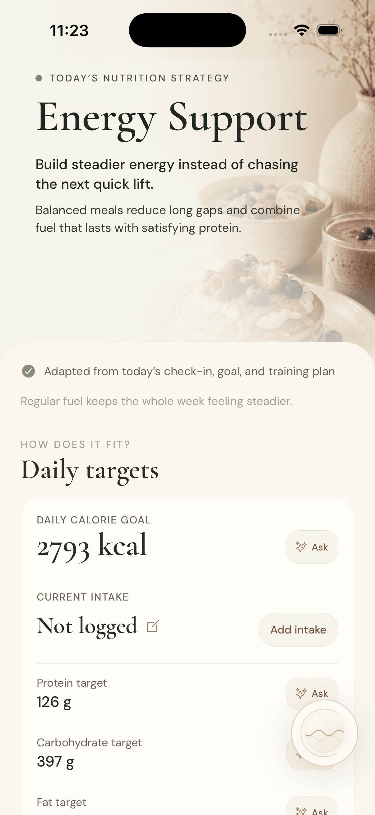 Envyu's nutrition strategy screen: an estimated daily calorie goal with protein, carbohydrate, and fat targets and the reasoning behind them.
