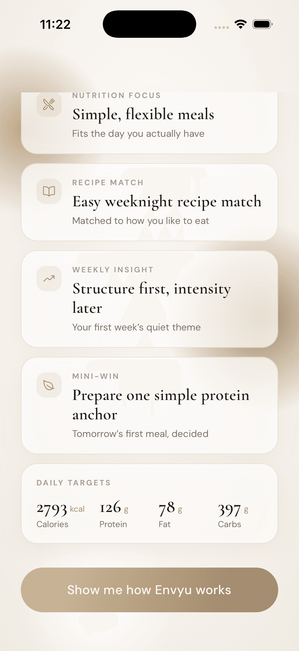 Envyu's plan reveal continued: a nutrition focus, a matched recipe, a weekly insight, a mini-win, and the day's calorie and macro targets.