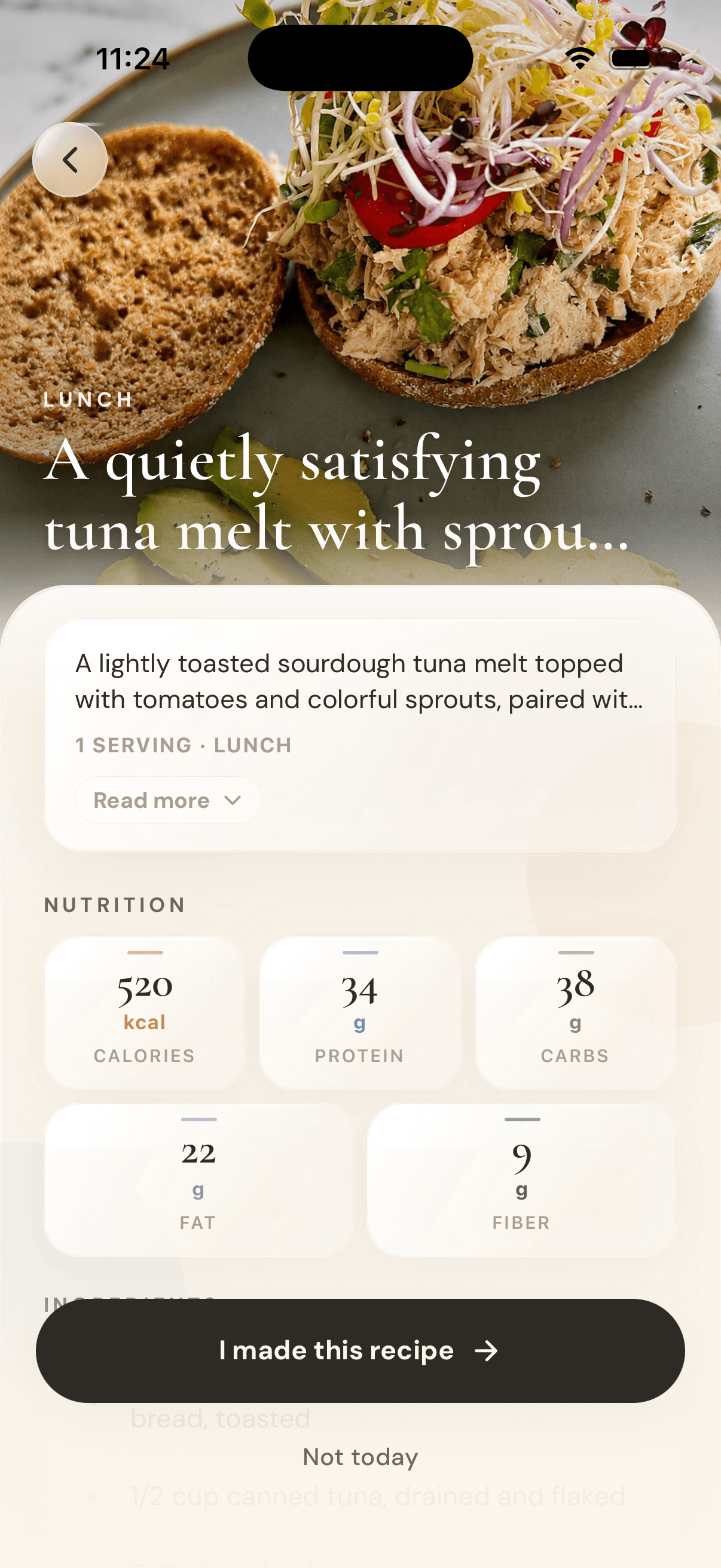 An Envyu recipe detail with its nutrition breakdown, chosen to fit the day's plan.