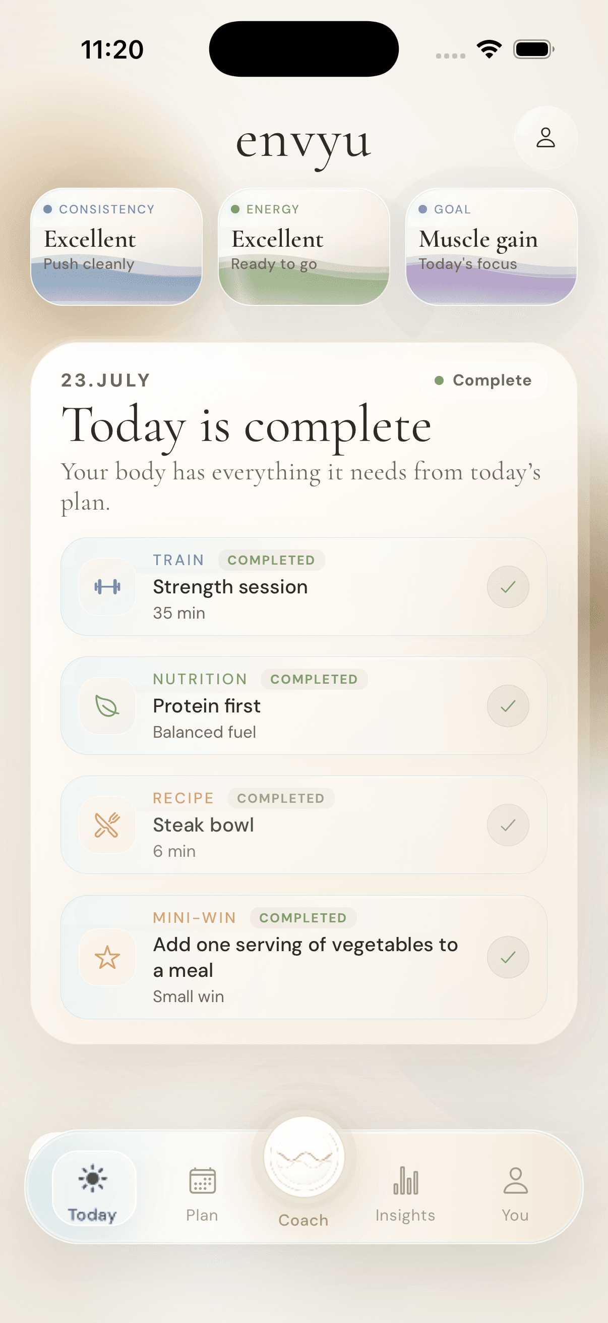 The Envyu Today screen with the day's plan complete — training, nutrition, a recipe, and a mini-win.
