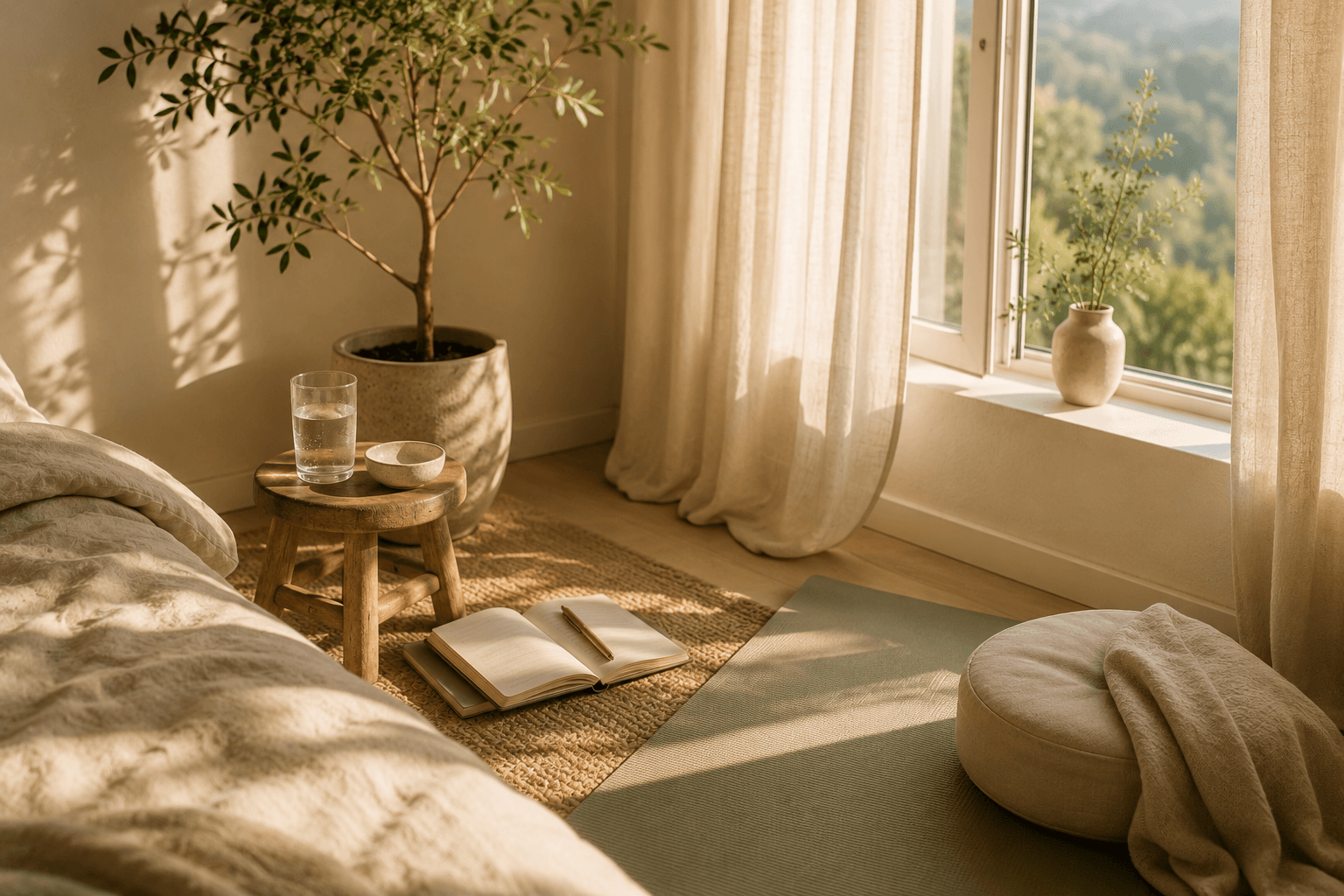 A quiet person seated by a bright window in a calm morning room.