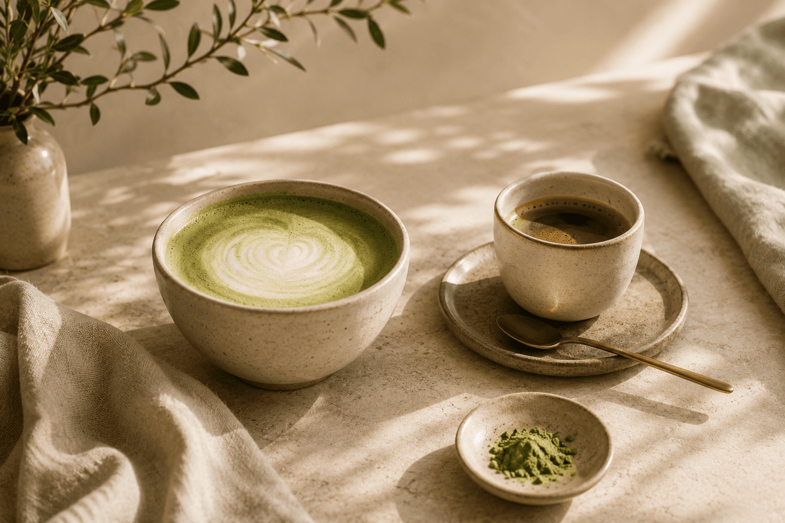 An iced matcha drink in a glass on a warm marble surface.