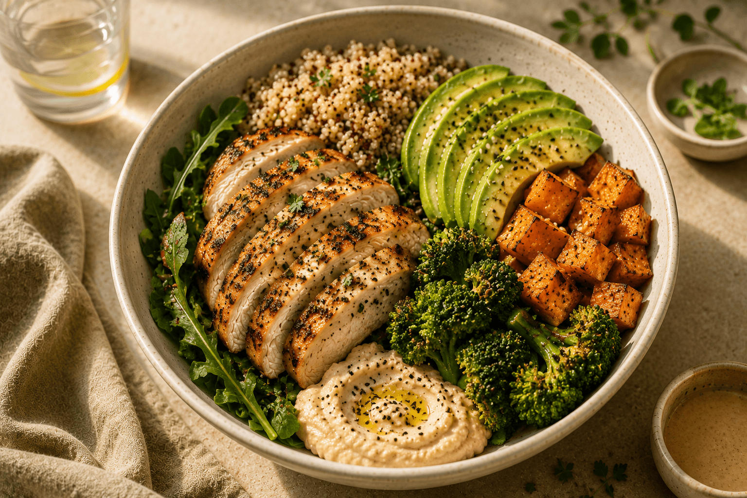A high-protein recovery bowl with grilled chicken, avocado, quinoa, broccoli, sweet potato, and hummus.
