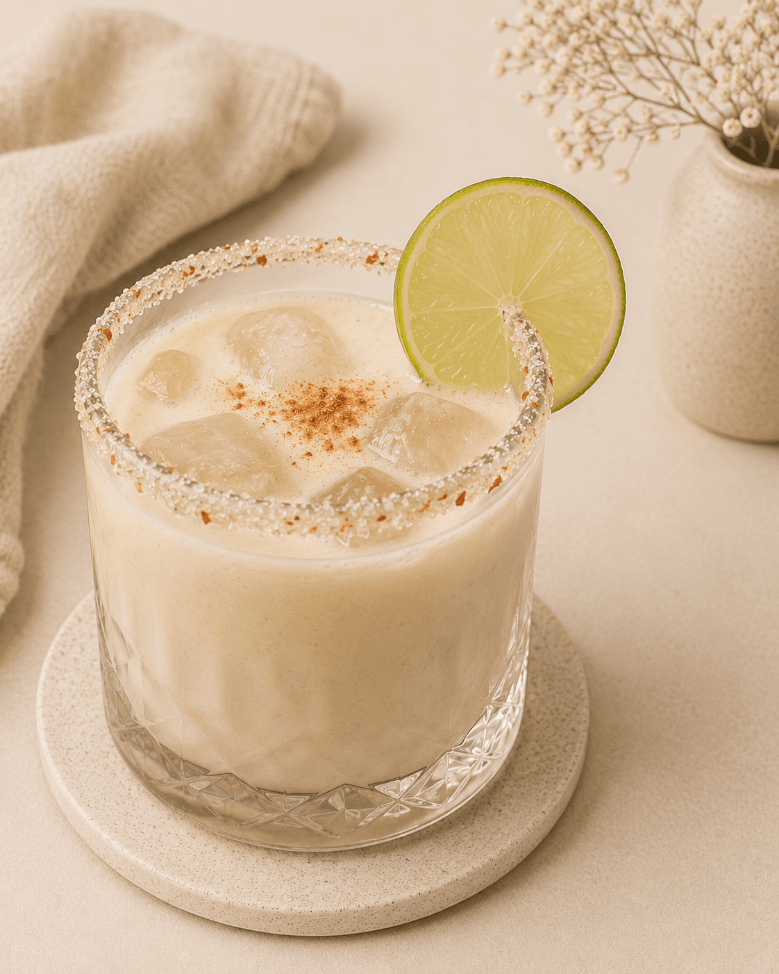 A glass of creamy virgin piña colada with ice cubes, a cinnamon-dusted surface, a salted rim, and a lime wheel garnish on a neutral beige surface with soft fabrics and delicate white flowers nearby