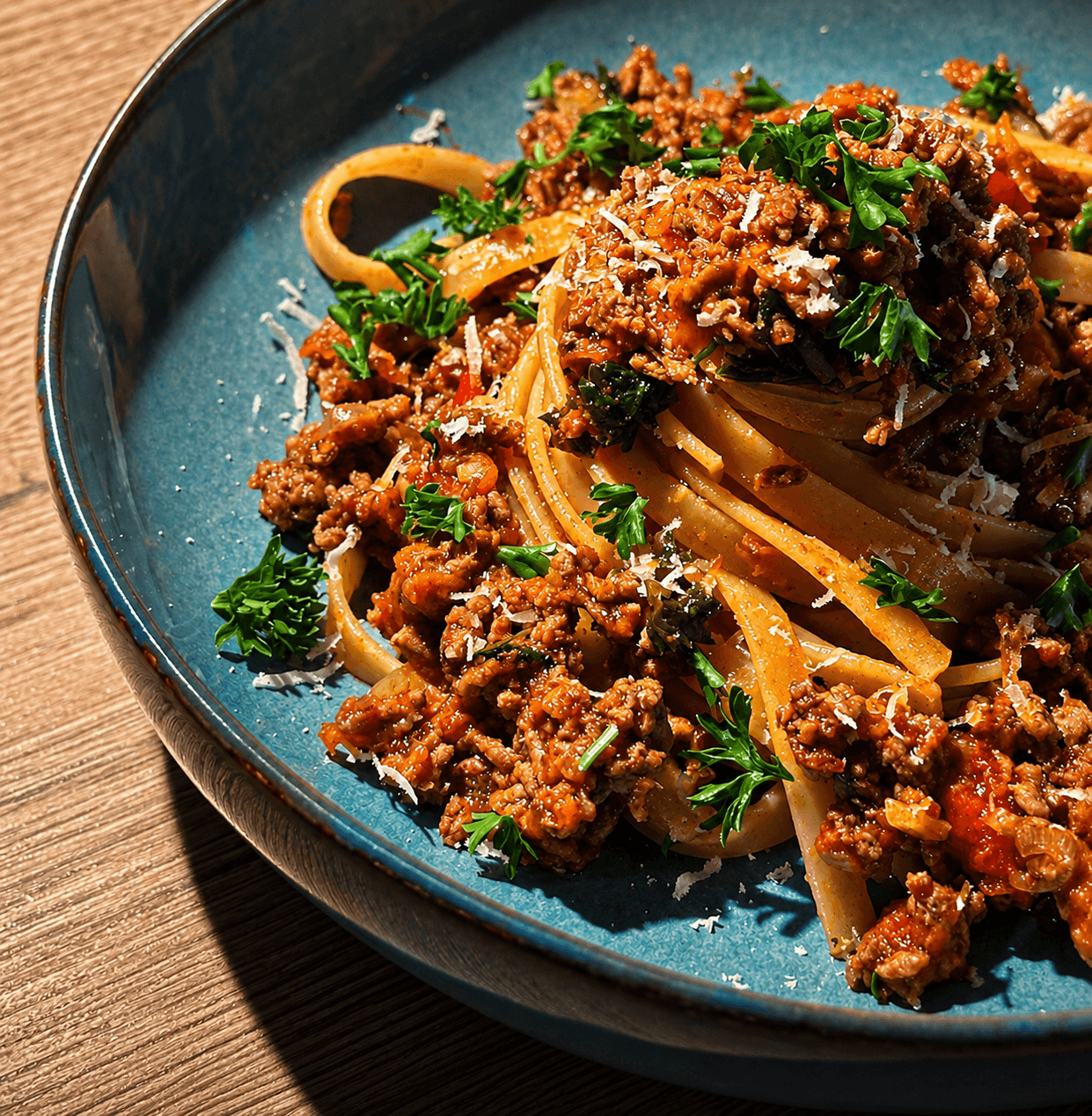 Close-up of a blue ceramic bowl containing spelt pasta with ragù sauce, garnished with fresh parsley and grated Parmigiano cheese, set on a wooden surface.