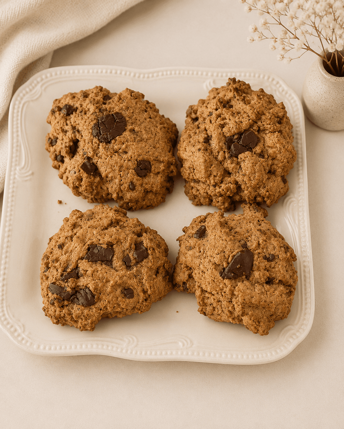 Four chunky chocolate chip cookies with visible dark chocolate pieces on a vintage white plate, placed on a cream fabric surface with a small dried flower arrangement in a beige pottery vase.