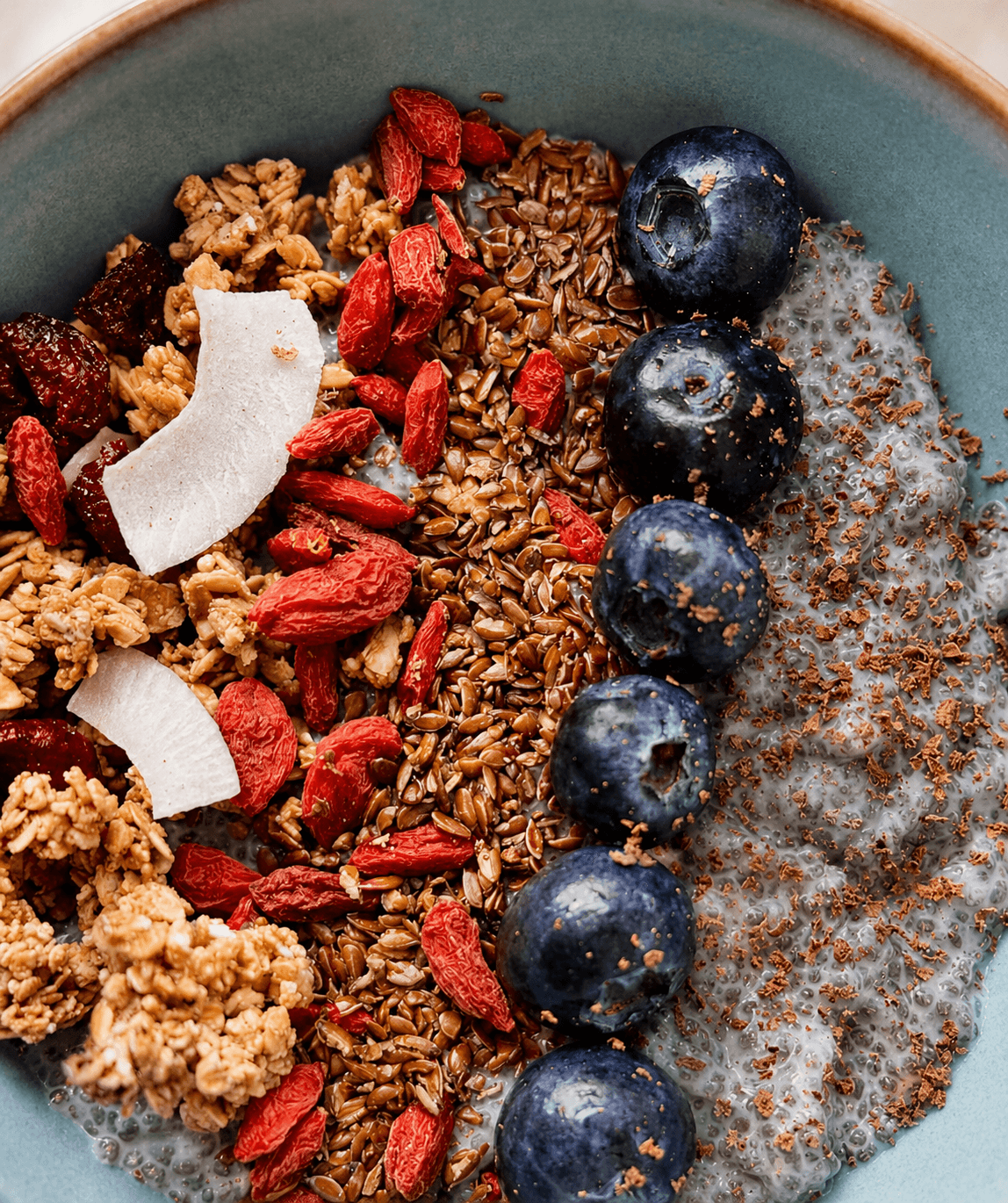 Close-up of a bowl with chia pudding topped with granola, dried goji berries, coconut flakes, flax seeds, fresh blueberries, and cacao nibs