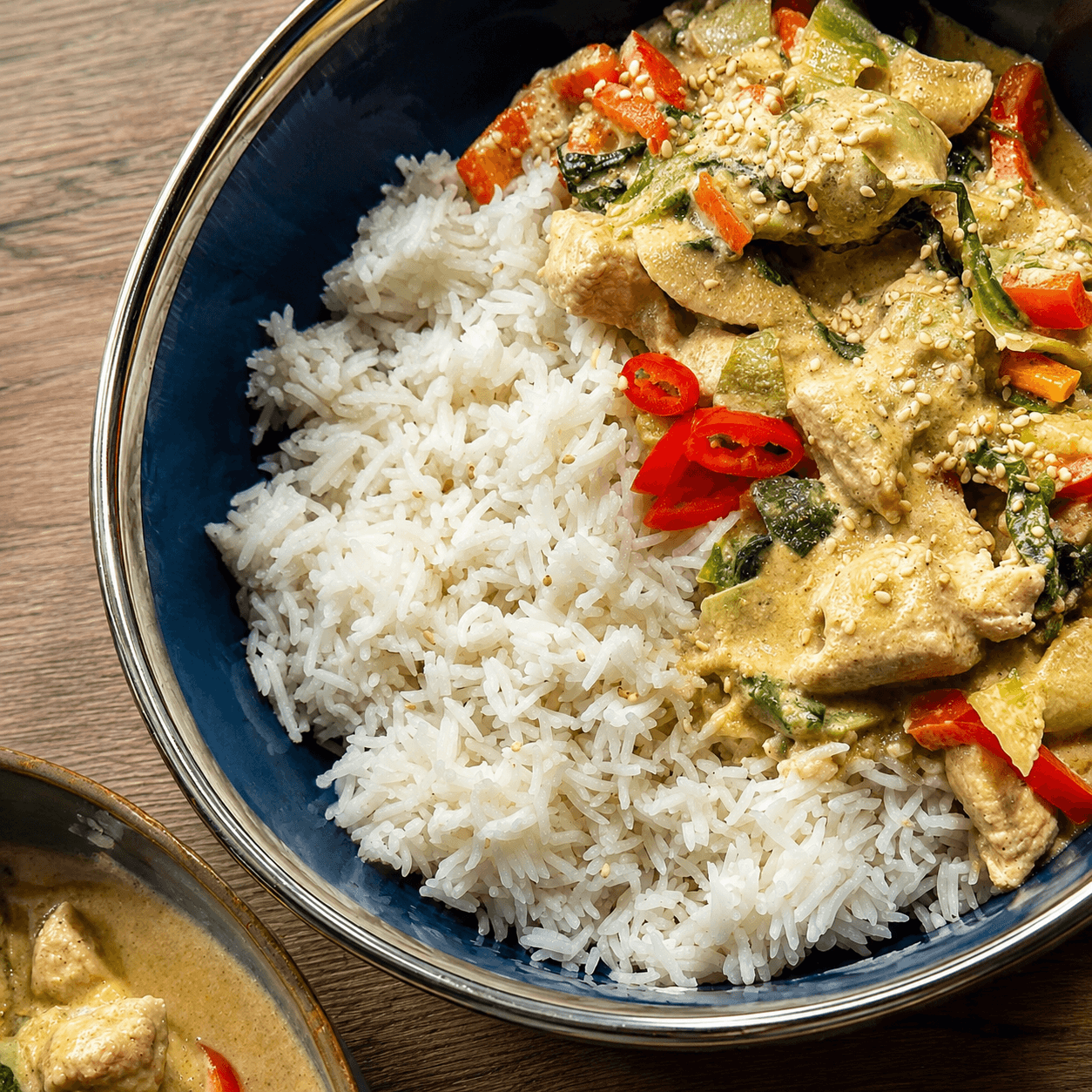 Bowl of green curry with chicken pieces, red bell peppers, leafy greens, topped with sesame seeds, served alongside fluffy jasmine rice.