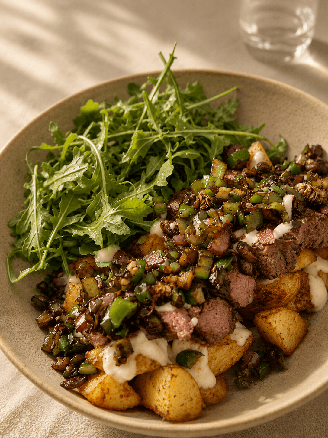 A beige bowl containing sliced steak with sautéed green peppers and shallots over roasted paprika potatoes, accompanied by fresh arugula leaves.