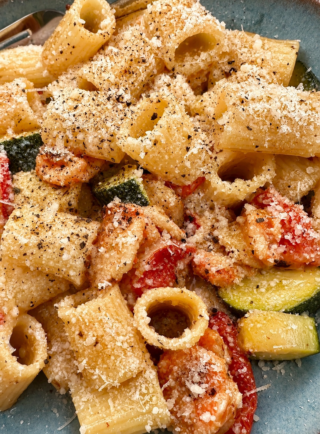 Close-up of rigatoni pasta with sautéed zucchini, cherry tomatoes, prawns, and a sprinkle of grated Parmesan cheese and black pepper on a blue plate