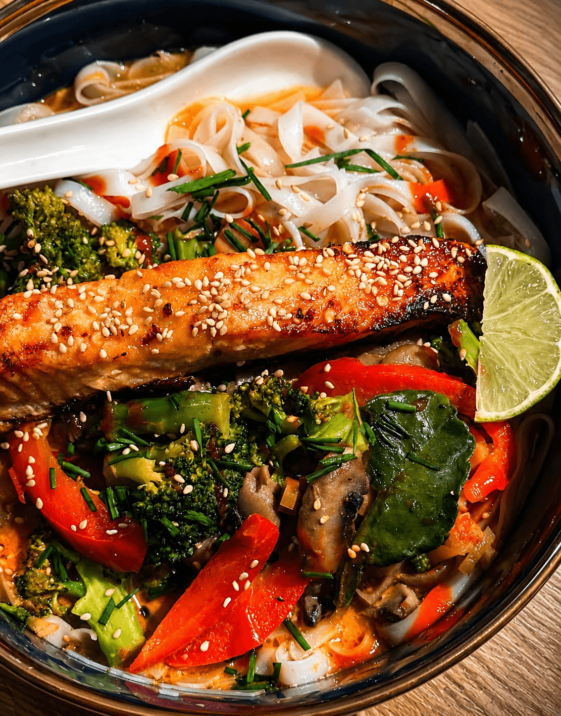 Close-up of a bowl containing a piece of seared salmon topped with sesame seeds, rice noodles, broccoli, red bell pepper slices, mushrooms, fresh chives, and a lime wedge on the side in a red curry sauce.