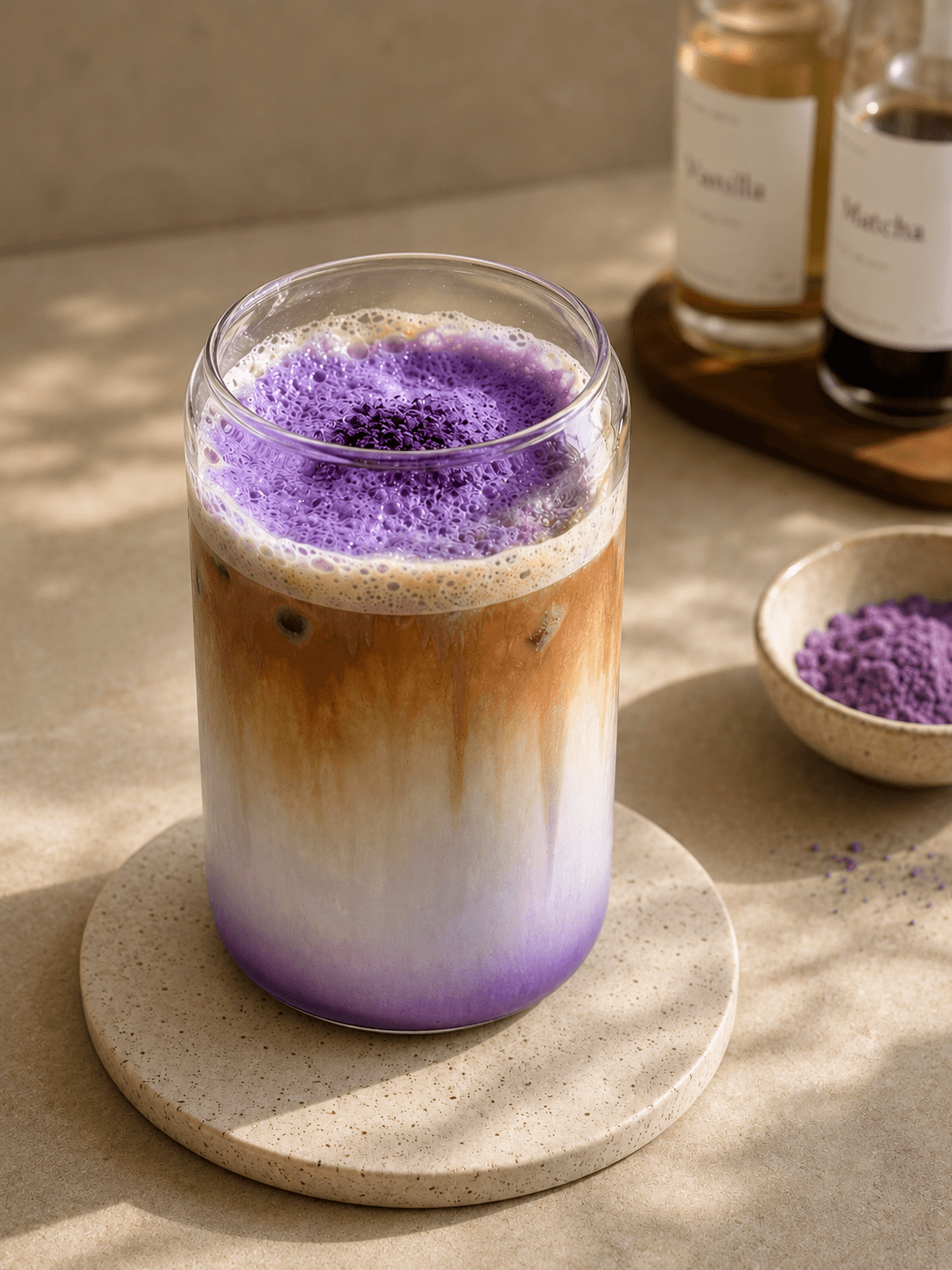A glass of iced ube latte with distinct purple, white, and coffee brown layers sitting on a round stone coaster, with small jars labeled vanilla and matcha and a bowl of purple ube powder in the background.