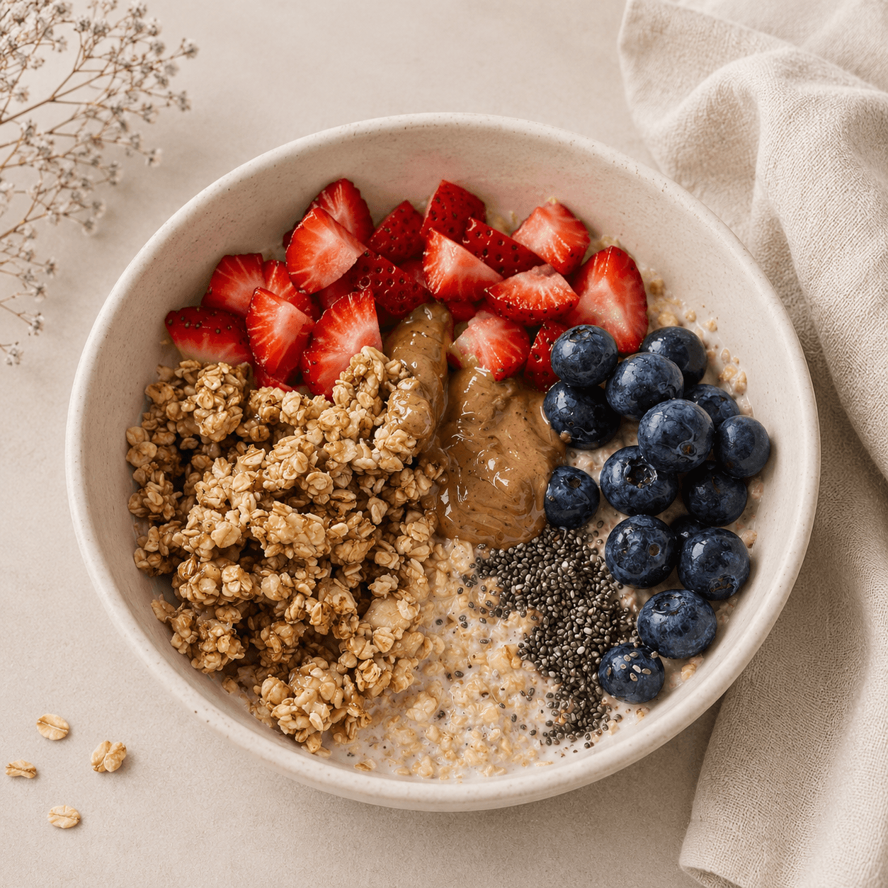 Bowl of granola with peanut butter, fresh strawberries, blueberries, chia seeds, and oat milk on a light surface with a beige cloth napkin