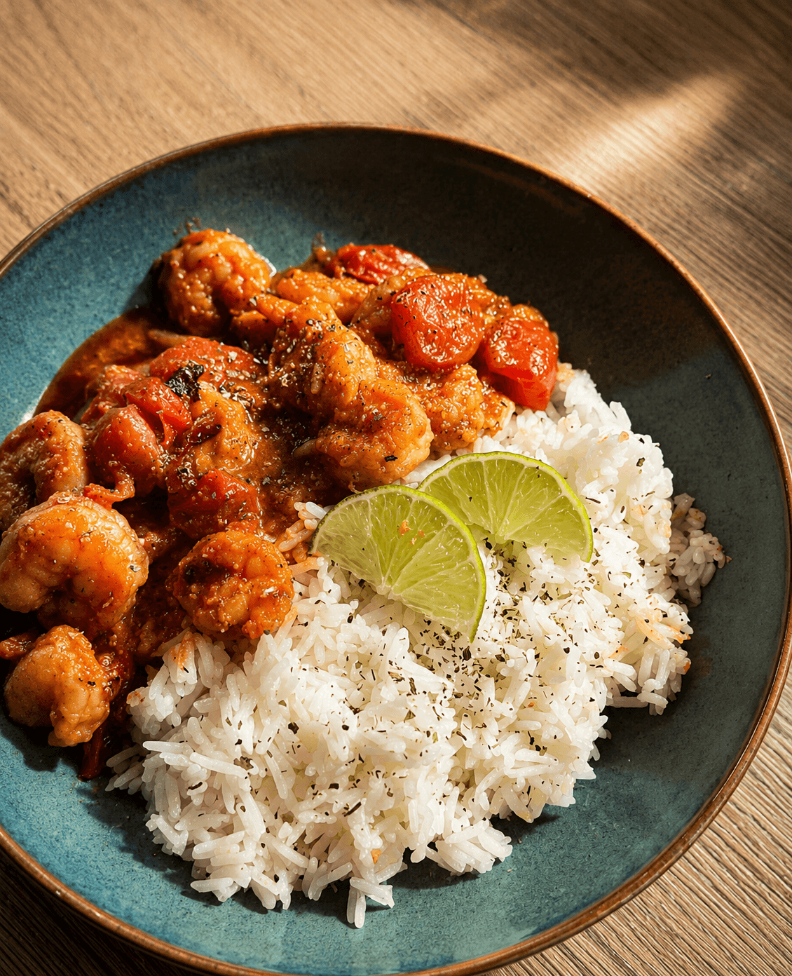 Close-up of a blue bowl with jasmine rice, cajun chili prawns, cherry tomatoes, and lime wedges on a wooden surface